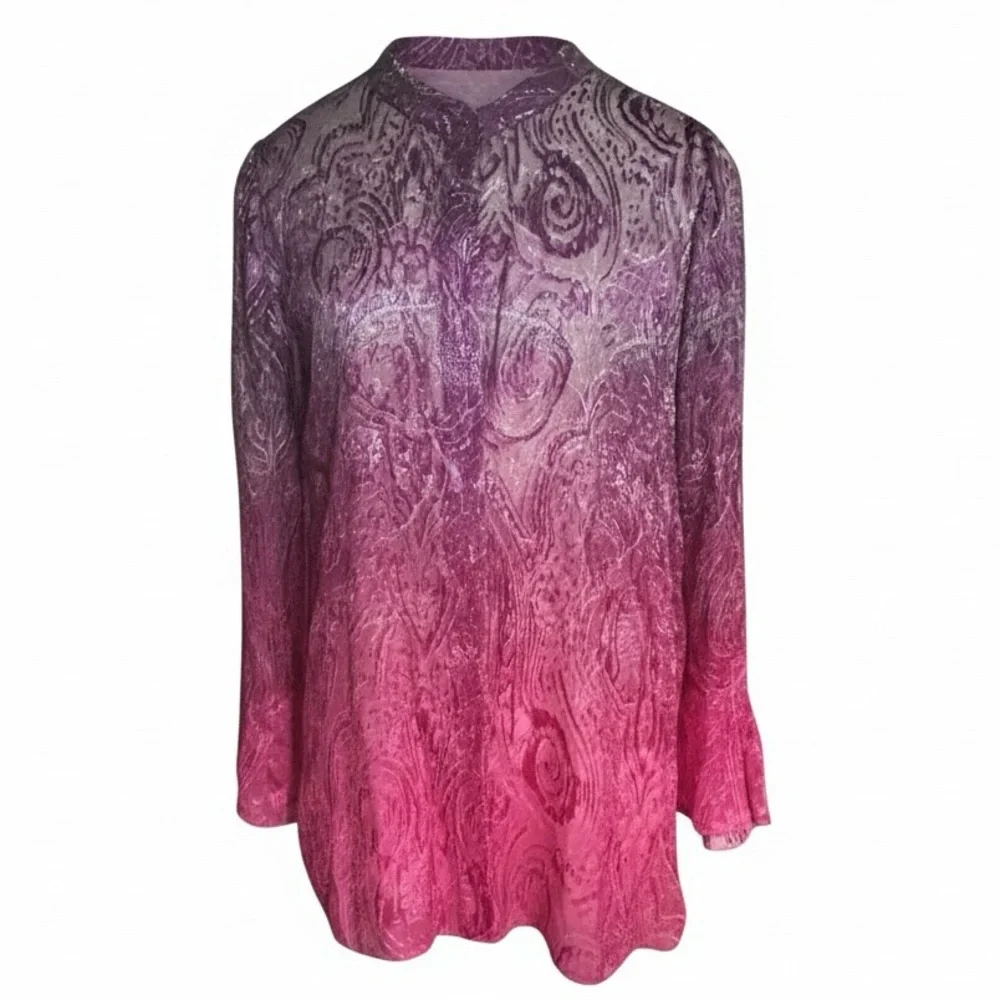 Elie Tahari Silk Blend Ombre Blouse Pink Purple Paisley Sheer Tunic Top